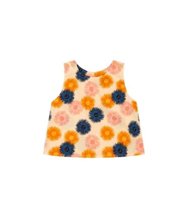 Sleeveless top with sea urchins with smiley faces are drawn on the yellow background