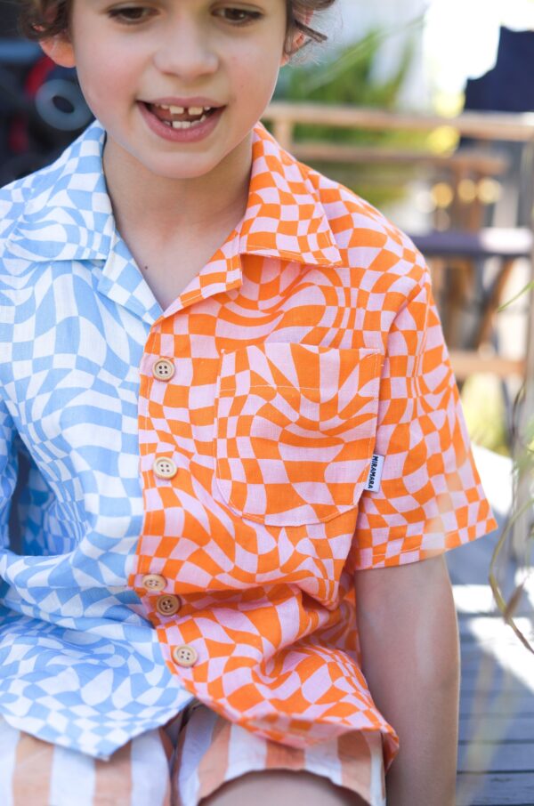 Chapter 3; A close up of the boy in short sleeve linen shirt. The shirt has checkered print. One side is orange and pink. The other blue and white.