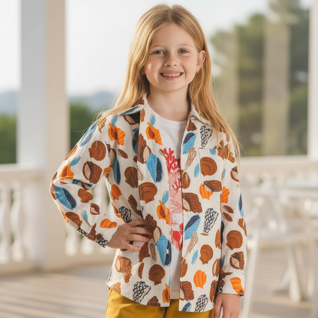 A girls standing outdoors in a linen shirt with colored shell print on the white linen, Robin Kids Linen Shirt-White Shells-Designed and made by Miramara