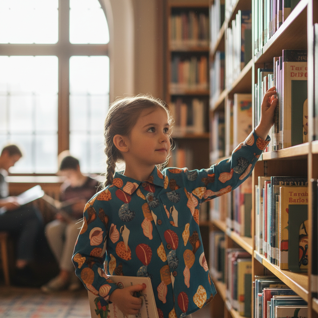 A girls standing in the library looking at the bookshelf dressed in a blue linen shirt with colorful seashells printed all over, Robin Kids Linen Shirt-Blue Shells by Miramara