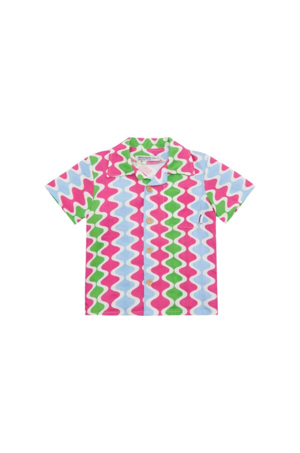colorful kid's linen shirt that has a geometrical design in green, light blue and green color.