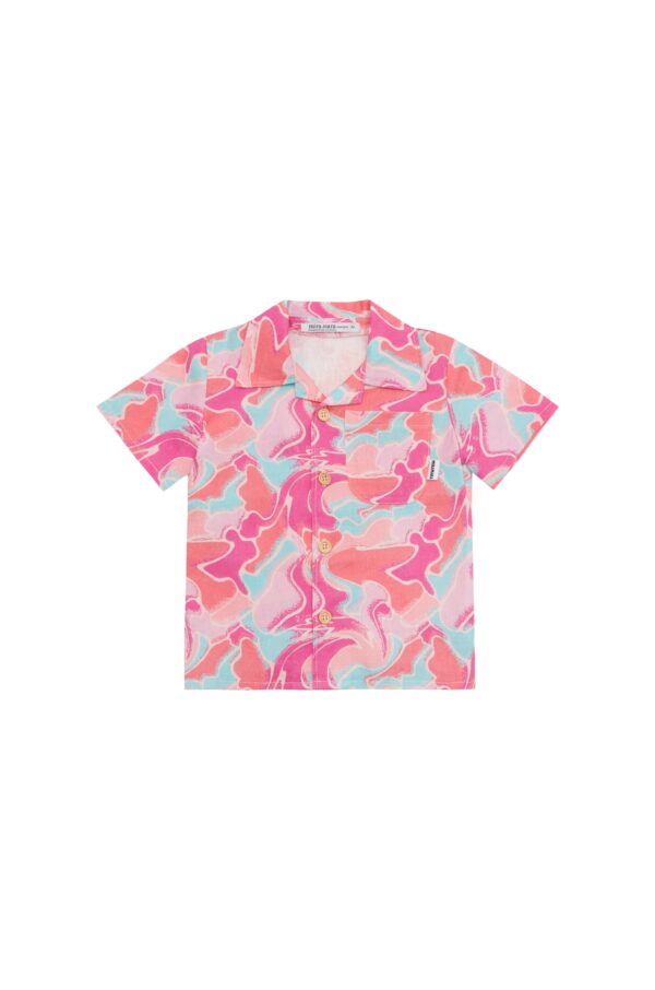 an abstract print kid's linen shirt in pink and light blue resembling Lava Lamp.