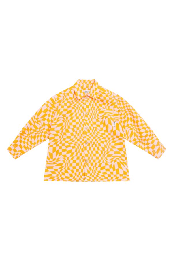 kid's linen long sleeve shirt in orange and pink checkered print.