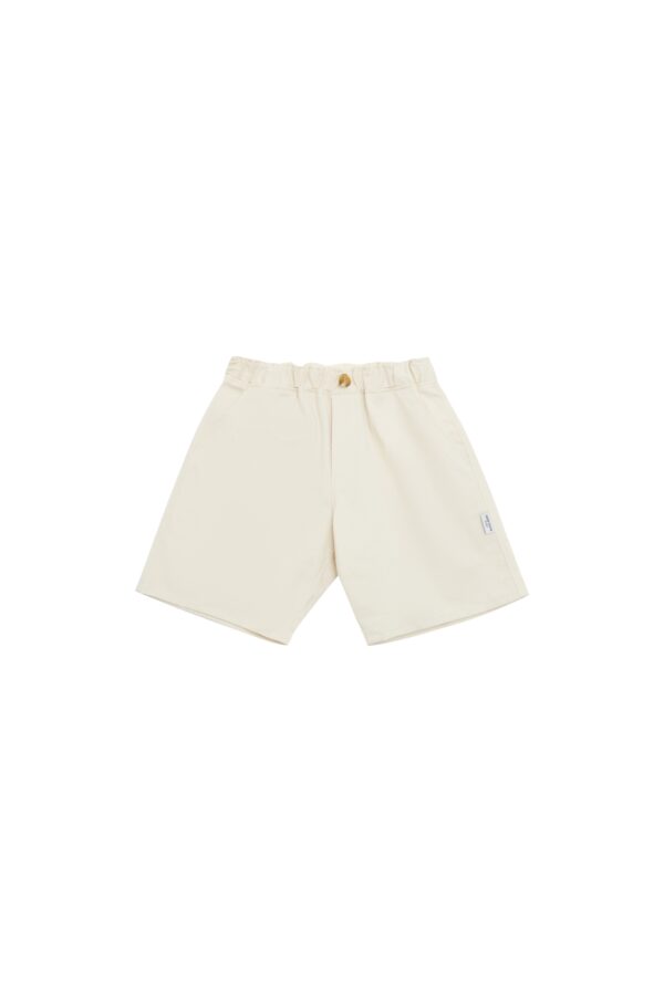 Ben shorts seafoam are warm white color shorts for boys with elastic waist and decorative resin button.
