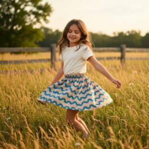 A young child twirls in a field of tall grass at golden hour, wearing a white short‑sleeve top and a colorful blue wavy‑print skirt., Mia Organic Cotton Girls Skirt . Warm sunlight creates a soft glow as the child moves joyfully, with a wooden fence and trees in the background. By Miramara