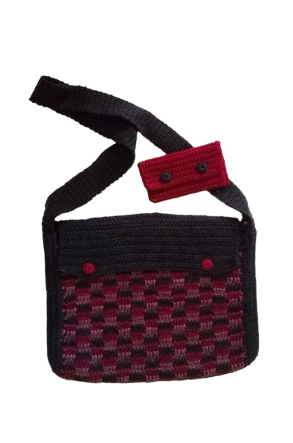 Sachel bag is crocheted using reds and charcoal. Also small cherry red purse with two handmade yarn buttons.