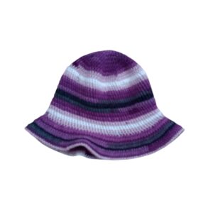 Purple Crochet Hat in soft acrylic yarn with horizontal stripes in purple, white and dark grey, featuring flared brim — handmade unisex design by Miramara Designs