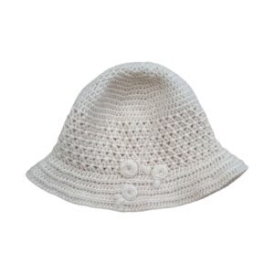 Cream crocheted hat with embroidered cream flowers on the brim