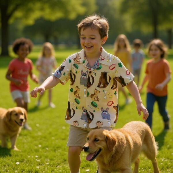 A boy is smiling, surrounded by other kids and his dog. He is wearing linen shirt with dog design all over