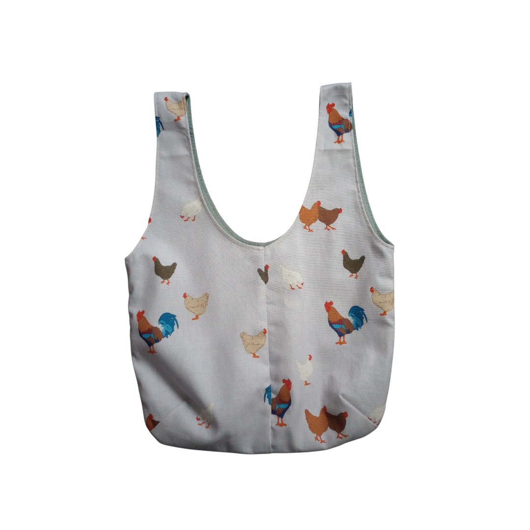 Heavyweight linen corduroy reversible handbag with whimsical chicken print