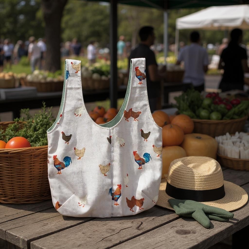 Reversible grey fabric handbag with chicken print displayed on a wooden market stall surrounded by fresh fruit, vegetables, straw hat, and gardening gloves.