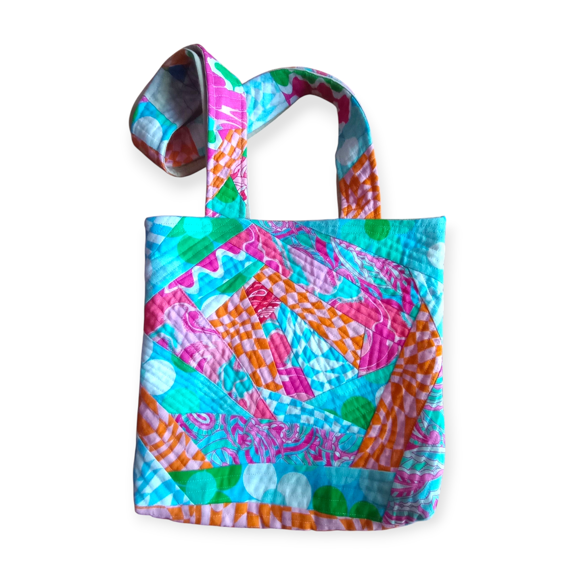 The other side of bright colored Quilted Patchwork Retro Tote Bag using orange, pink, green, white and blue