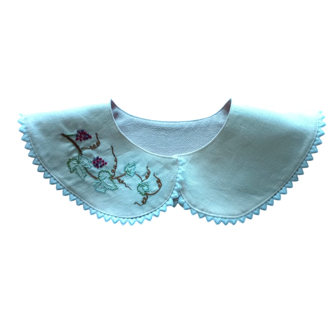 Ladies Detachable Collar Grapevine Embroidery in cream linen with scalloped edge, purple and green floral stitching and lace trim.