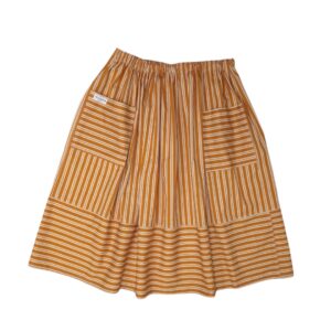Mara midi gathered skirt in organic cotton with orange and cream stripes and two patch pockets.- Shipe Australia wide and many international destinations