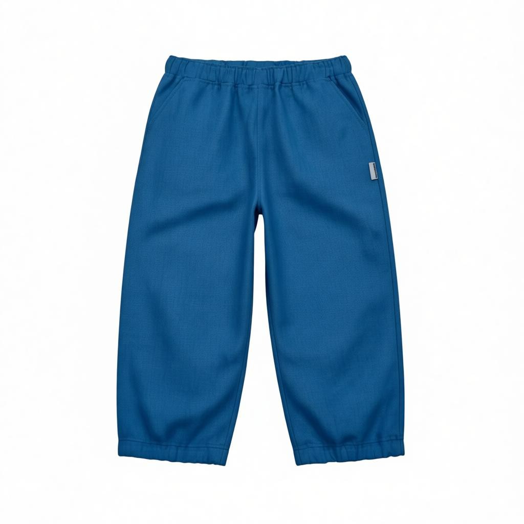 Kids Linen Pants-Sea has medium blue color, elasticized waistline, two side pockets and ankle cuffs-original design by Miramara Designs