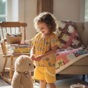 A small curly haired girl is standing in a living room next to a big teddy bear with rocking chair behind stacked with books. She is dressed in orange shorts and Girls linen blouse- Daisy orange -by Miramara