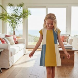a girl standing in a bright living room dressed in a colorblock linen dress in blue, cream and mustard-by Miramara Designs