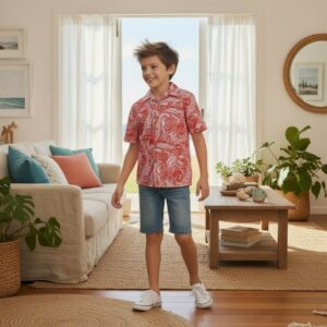 A boy standing in the garden dressed in denim shorts and linen shirt with classic paisley print on linen in reds, pinks and white ,Austin Kids Linen Shirt-Paisley by Miramara