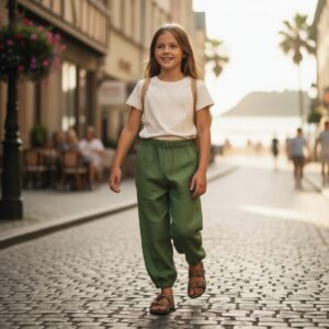 A girl is walking along the street dressed in a white T-shirt and Kids Linen Pants-Seaweed by Miramara