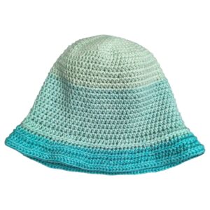 crochet gradient bucket hat – aqua made with a mint‑to‑aqua ombre gradient, using a 30% wool and 70% acrylic yarn blend.