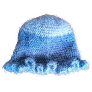 Handmade blue ombré crochet hat with a soft fuzzy texture and ruffled brim.